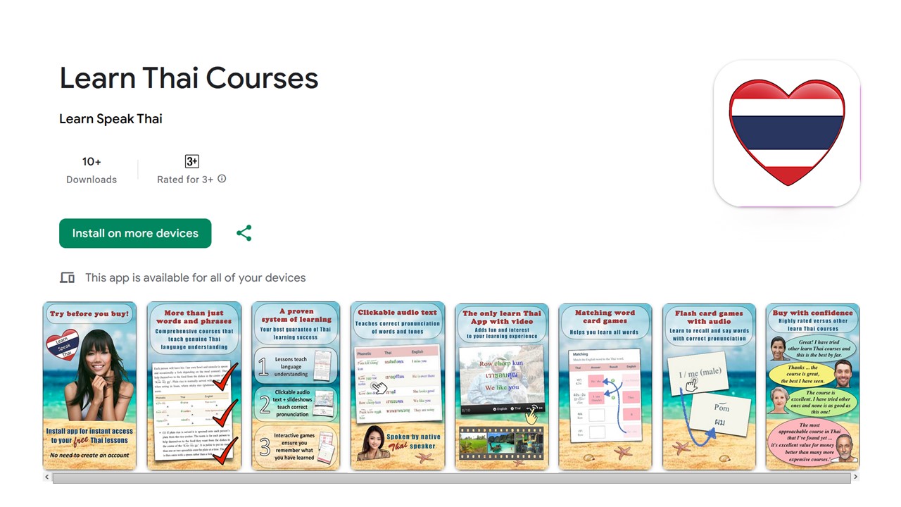 Google Play app listing for Learn Thai Courses